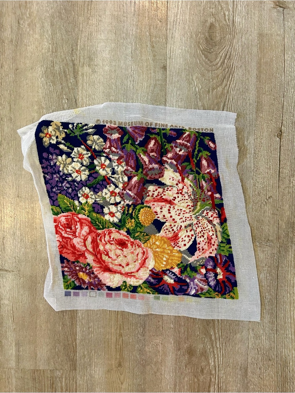VTG Floral Cross Stitch Finished Piece 14x14 Cottage Core